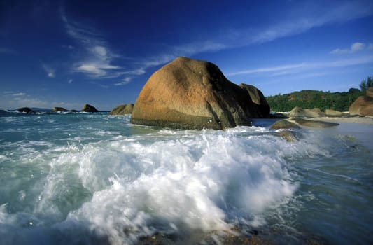 A dream beach on the island of La Digue in the Seychelles in the Indian Ocean.