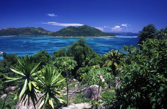 The landscape on the island of Mahe in the Seychelles in the Indian Ocean.