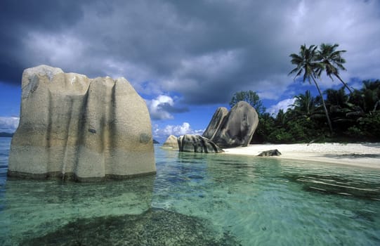 A dream beach on the island of La Digue in the Seychelles in the Indian Ocean.