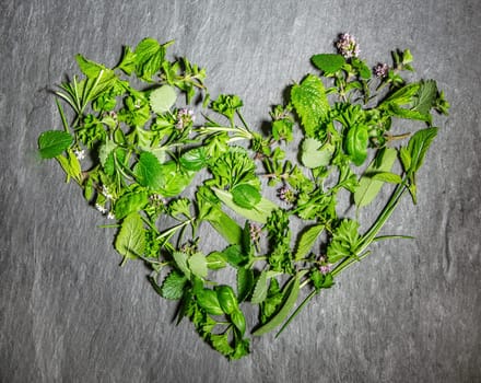 Heart shape formed of mixed fresh green culinary herbs arranged on a slate background symbolic of love, romance or love of cooking