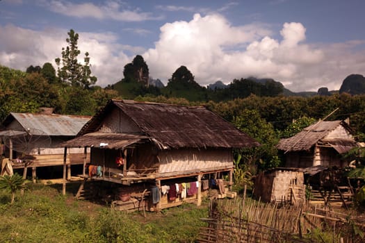 A mountain village in the mountainous region near the village of Kasi on the national road 13 between Vang Vieng and Luang Prabang in central Laos of Laos in South East Asia.