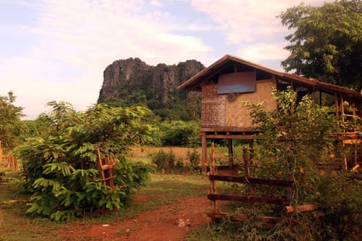 The hilly landscape on highway 12 between the city of Tha Khaek and the village of Mahaxai Mai in central Laos on the border with Thailand in South East Asia.