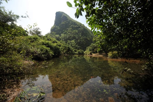 The landscape on the Nam Don or Don River near the village of Tha Falang of Tham Pa Fa near the town of Tha Khaek in central Laos on the border with Thailand in South East Asia.