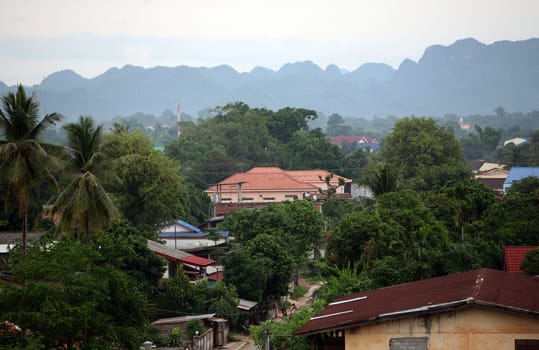 The Huegel landscape near the town of Tha Khaek in central Laos on the border with Thailand in South East Asia.