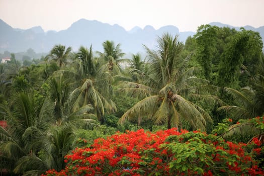 The Huegel landscape near the town of Tha Khaek in central Laos on the border with Thailand in South East Asia.