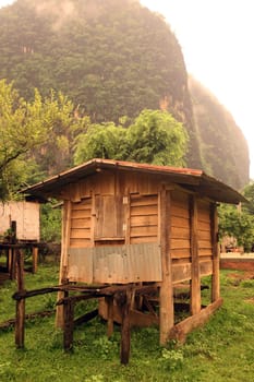 The hilly landscape on highway 12 between the city of Tha Khaek and the village of Mahaxai Mai in central Laos on the border with Thailand in South East Asia.