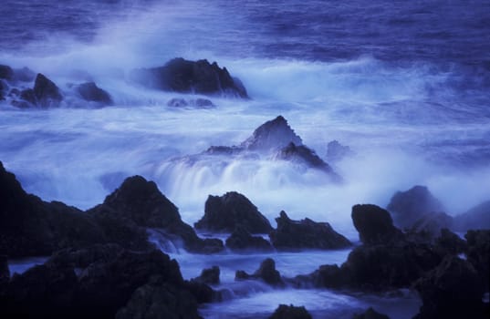 The coast at Porto Moniz in the northwest of the island of Madeira in the Atlantic Ocean