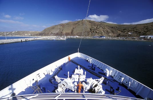 The coastlandscape with the island of Ilheu de Baixo in the south of the Portuguese island of Porto Santo near Madeira in the Atlantic Ocean