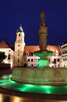 Europe,Eastern Europe,Slovakia,Capital,Bratislava,Old Town,Square,Town Hall Square,Maximilianfontaene,Town Hall,Summer