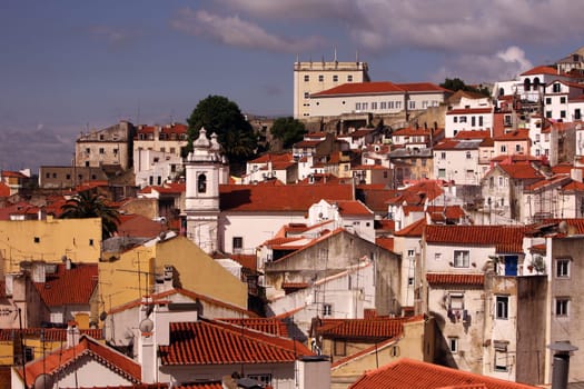The view over the old town of Alfama in the city center of the capital Lisbon in Portugal.