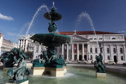 Rossio Square with the National Theatre in the city center of the capital Lisbon in Portugal.