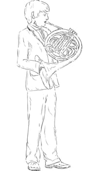 vector - a young boy playing french horn - isolated on background