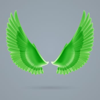 Inspiring  wings green colour drawn separately on a gray background