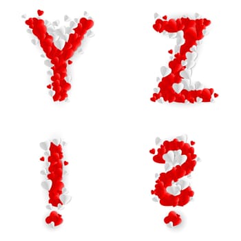 Letters Y, Z, query mark and exclamation point of paper hearts
