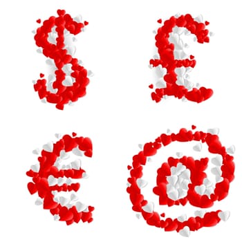 Currency and at signs made of paper hearts