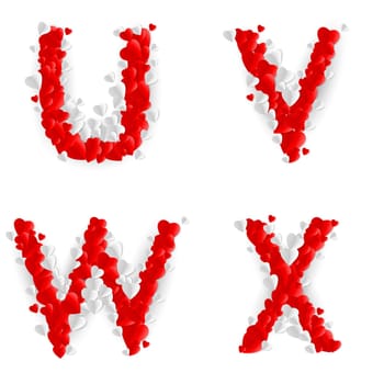 Letters U, V, W, X made of paper hearts