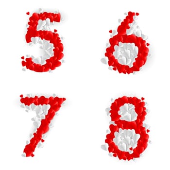 Numbers 5, 6, 7, 8 made of paper hearts