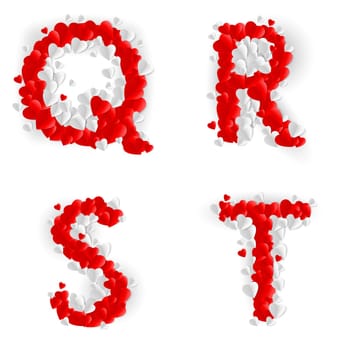 Letters Q, R, S, T made of paper hearts