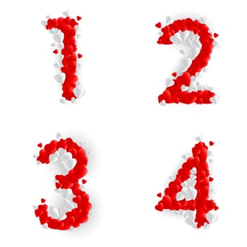 Numbers 1, 2, 3, 4 made of paper hearts
