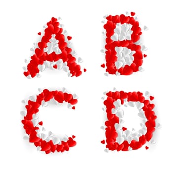 Letters A, B, C, D made of paper hearts