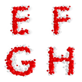 Letters E, F, G, H made of paper hearts