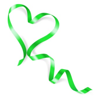 Heart made of green ribbon on white background.