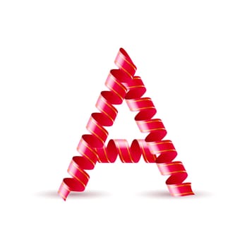 Letter A made of red curled shiny ribbon
