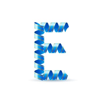 Letter E made of blue curled shiny ribbon