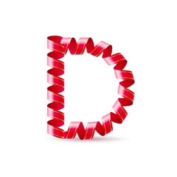 Letter D made of red curled shiny ribbon