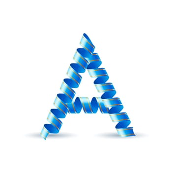 Letter A made of blue curled shiny ribbon