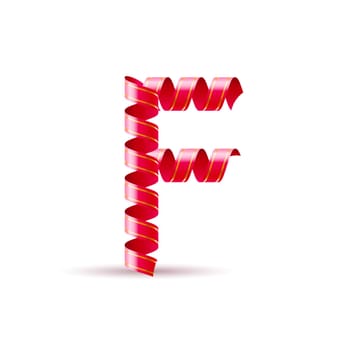 Letter F made of red curled shiny ribbon