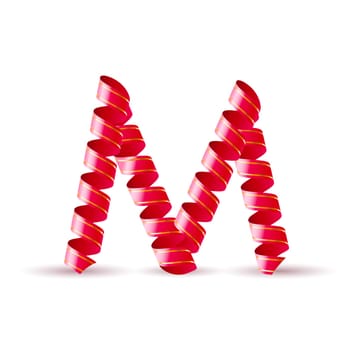 Letter M made of red curled shiny ribbon
