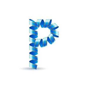 Letter P made of blue curled shiny ribbon