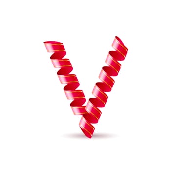 Letter V made of red curled shiny ribbon