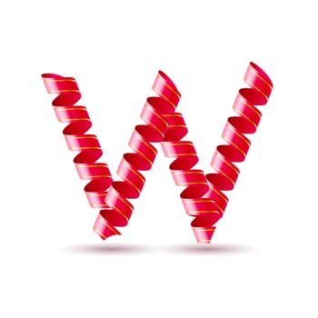 Letter W made of red curled shiny ribbon