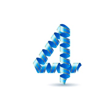 Number four made of blue curled shiny ribbon