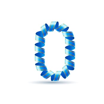 Number zero made of blue curled shiny ribbon
