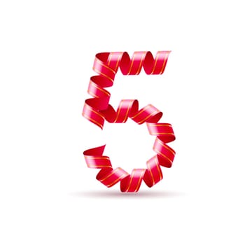 Number five made of red curled shiny ribbon