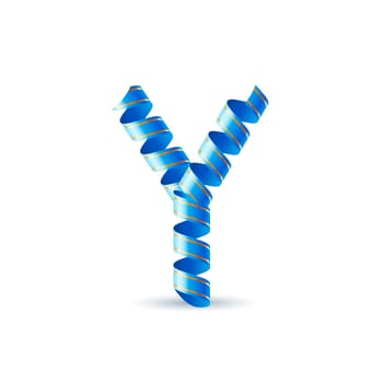 Letter Y made of blue curled shiny ribbon