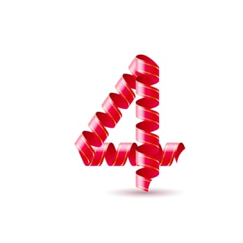 Number four made of red curled shiny ribbon