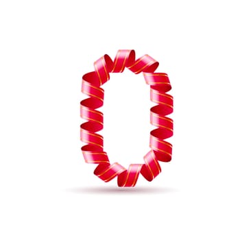 Number zero made of red curled shiny ribbon