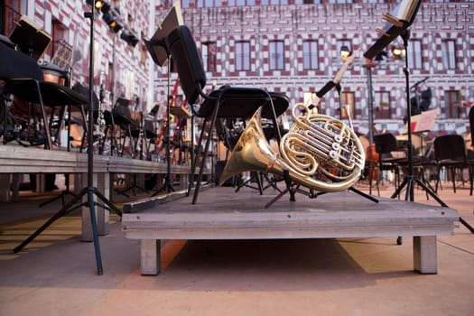 Classical Music instruments over stage, before performs at the Hight Square of Badajoz, Spain