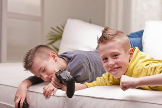 two little boys having lots of fun with video games