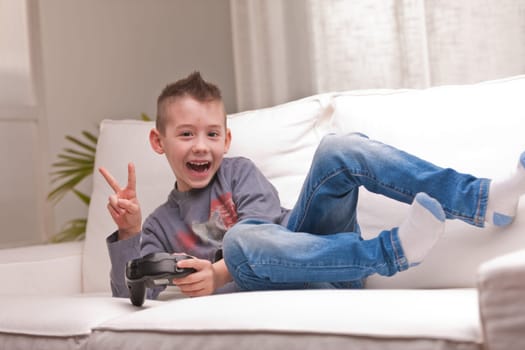 Kid having fun with video games in a brighly lit living room