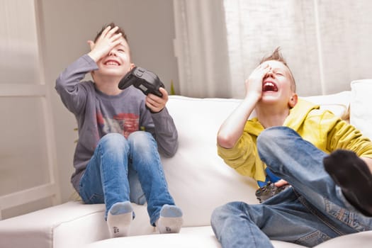 two little boys having lots of fun with video games