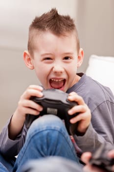 Kid having fun with video games in a brighly lit living room