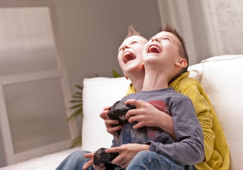 two little boys having lots of fun with video games