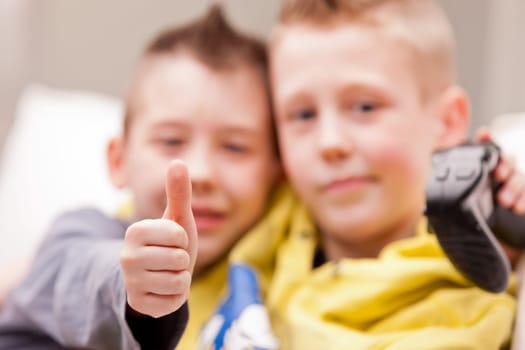 two little boys having lots of fun with video games