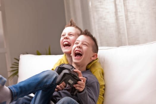 two little boys having lots of fun with video games