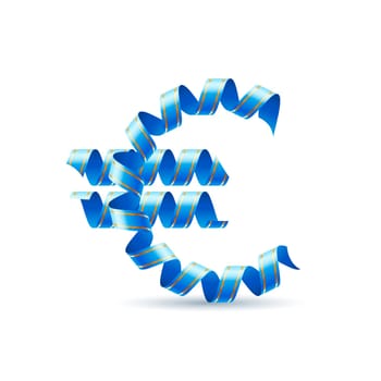 Euro sign made of blue curled shiny ribbon